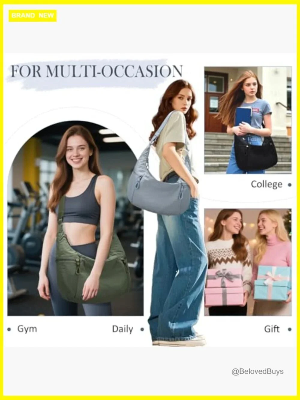 Lightweight Nylon Crescent Crossbody Hobo Bag, Large Slouchy Travel Tote